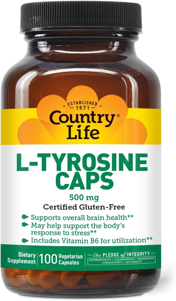 Country Life L-Tyrosine 500mg με συμπλήρωμα βιταμίνης B6 - Πιστοποιημένη χωρίς γλουτένη, χορτοφάγος, Kosher, ενισχύει την εστίαση & την ενέργεια, υποστηρίζει την υγεία του εγκεφάλου, ενισχύει τη διανοητική σαφήνεια, μη GMO - 100 κάψουλες