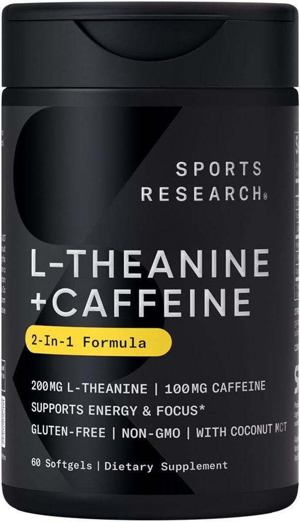 Sports Research L-Theanine Supplement with Caffeine & Coconut MCT Oil - Focused Energy, Alertness & Relaxation Without Drowsiness - 200mg L Theanine, 100mg Organic Caffeine - 60 Liquid Softgels