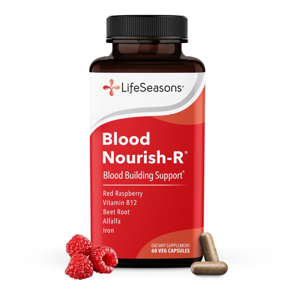 LifeSeasons Blood Nourish-R - Iron Deficiency Supplement - Υποστηρίζει αναιμία, Κόπωση, Παλαιότητα & Ζάλη - Καμία δυσκοιλιότητα - Κτίριο αίματος - Σιδήρου, Αλφάλφα, Βατόμουρο & Βιταμίνη B-12-60 Κάψουλες