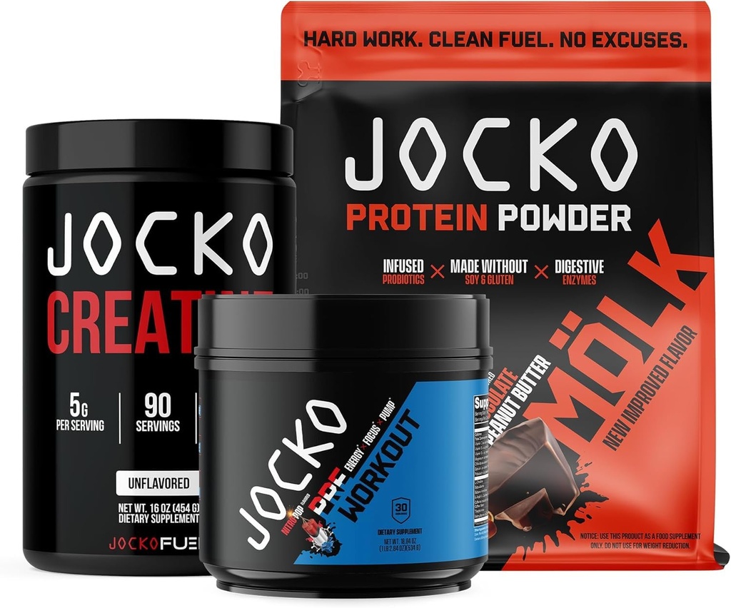 Jocko Fuel 3 Pack Bundle - Creatine, σοκολάτα πρωτεΐνη φυστικοβούτυρο MOLK, & Nitro Pop Pre προπόνηση