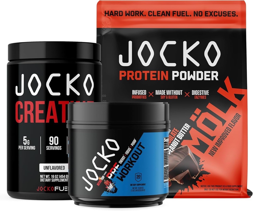 Jocko Fuel 3 Pack Bundle - Creatine, σοκολάτα πρωτεΐνη φυστικοβούτυρο MOLK, & Nitro Pop Pre προπόνηση