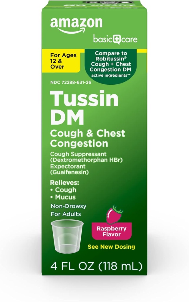 Basic Care Tussin DM, Cough Plus Θήκη Συμφορητική Σιρόπι για Ενήλικες και Ηλικίες 12 και Over, Raspberry Flavor, 4 fl oz (Pack of 1)