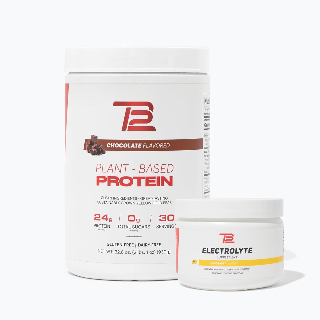 TB12 Plant Based Strength & Hydration Bundle (Σκονή και Ηλεκτρολύτες Πρωτεϊνών Σοκολάτας & Λεμονάδας), Υποστηρίξτε την αποκατάσταση των μυών και την ενυδάτωση, Χωρίς γαλακτοκομικά, Χωρίς ΓΤΟ, Χωρίς σόγια