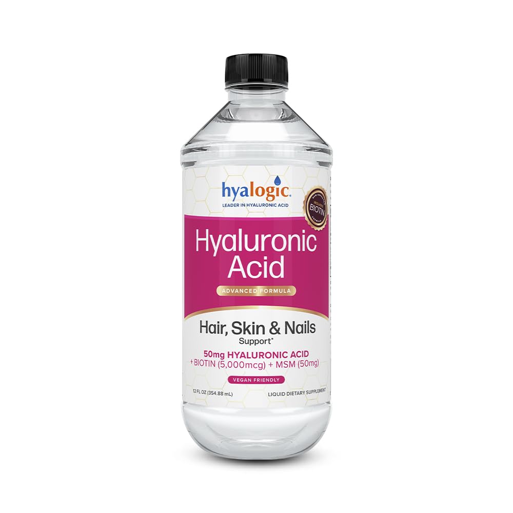 Hyalologic Liquid Hyaluronic Acid Supplement - Υποστήριξη για υγιή μαλλιά, δέρμα και νύχια με 5,000 mcg Βιοτίνη και 50mg MSM - Φυσική ενυδάτωση για ολόκληρο το σώμα - Υψηλή Μοριακό Βάρος Φόρμουλα - 12 oz