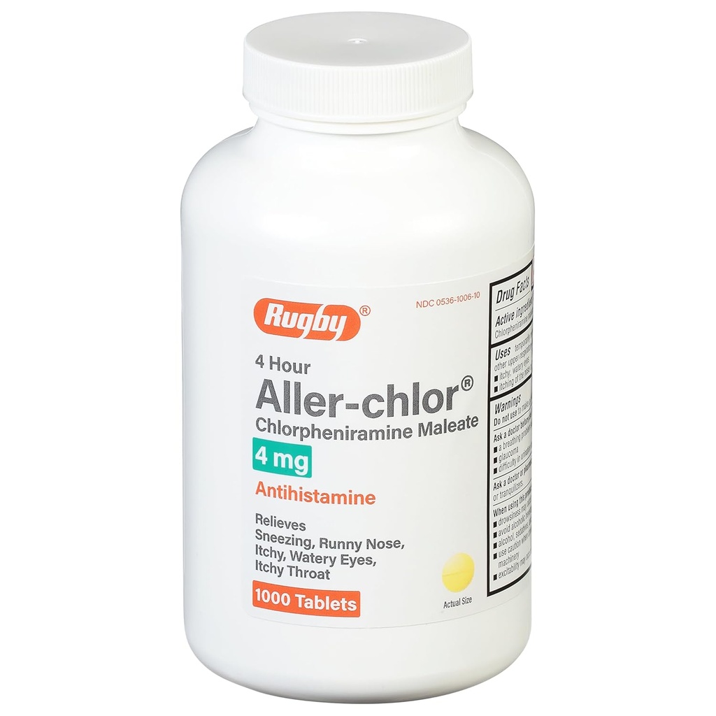 Rugby 4 Hour Aller-chlor - Chlorpheniramine Maleate 4 mg - Antihistamine - 1000 Tablets (1 Pack)