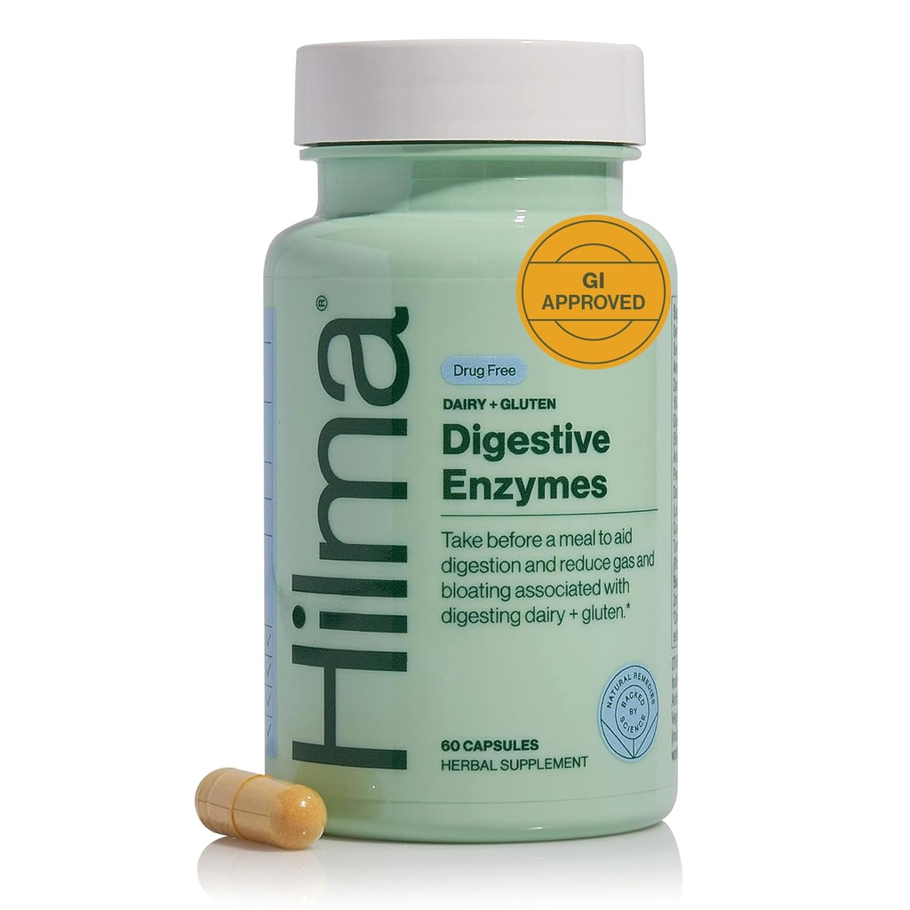 Hilma Digestive Enzymes for Women, Bloating Relief with Turmeric, Dandelion Root and Gluten Digestive Enzymes, Natural Gluten and Dairy Relief Pills, 60 Vegan Capsles