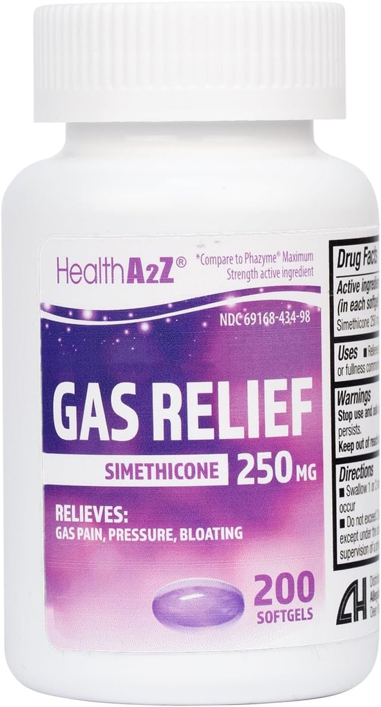 HealthA2Z® Gas Relief, Simethicone 250mg, Fast Acting Gas Relief, Bloating, Pressure, Discomfort, 200 Softgels