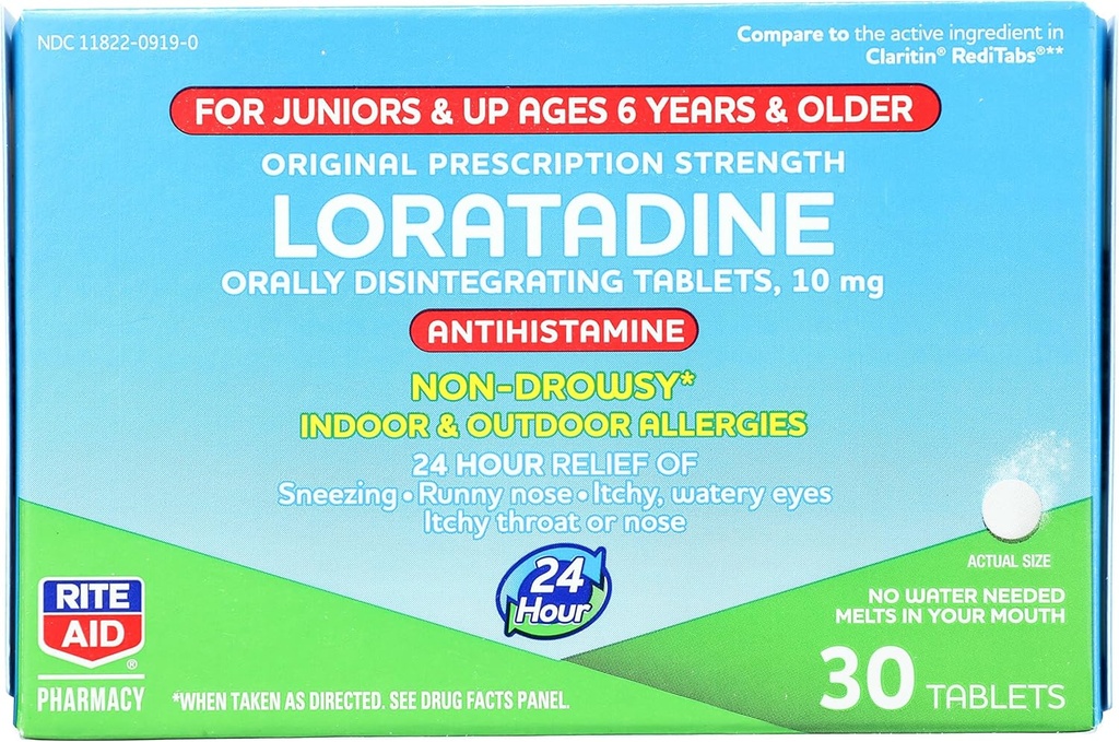 Rite Aid Kid's Non-Drowsy Allergy Relief, Loratadine 10mg, Mint Flavor - 30 δισκία 