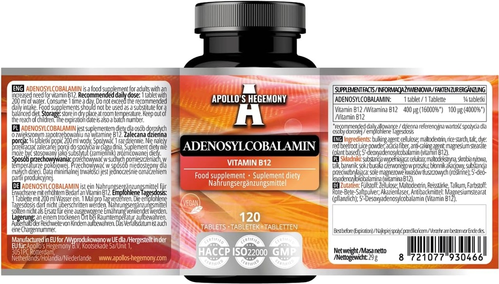 APOLLO'S HEGEMONY Adenosylcobalamin 120 Tablets - Βέλτιστη Βιοδιαθέσιμη βιταμίνη Β12 για Ενισχυμένη Ενέργεια Μεταβολισμός - 480 Σερβιέτες - Συμπλήρωμα διατροφής