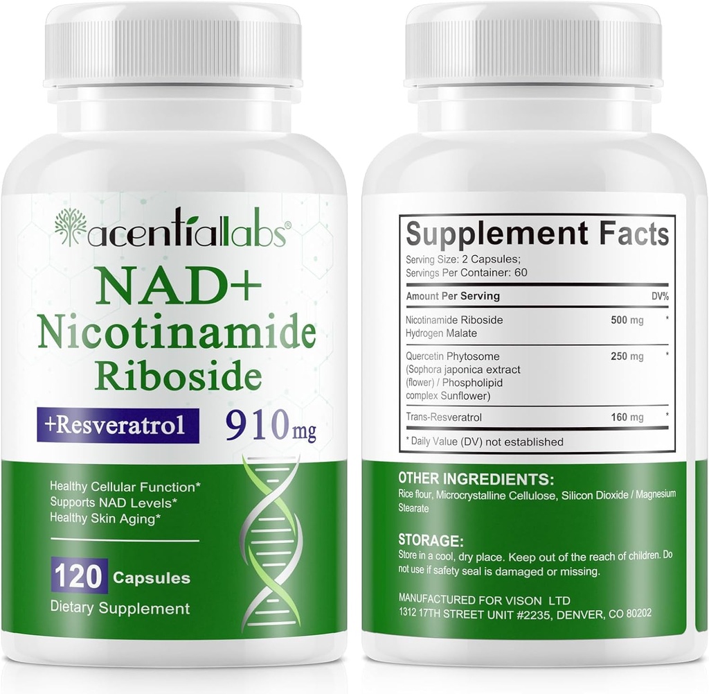 120 Count NAD Plus συμπλήρωμα, λιποσωμική Νικοτιναμίδη Riboside κάψουλες 900MG με ρεσβερατρόλη & Quercetin, υψηλής καθαρότητας Νικοτιναμίδη για την καταπολέμηση της γήρανσης, Cell Generation / Ενέργεια / Immune Booster