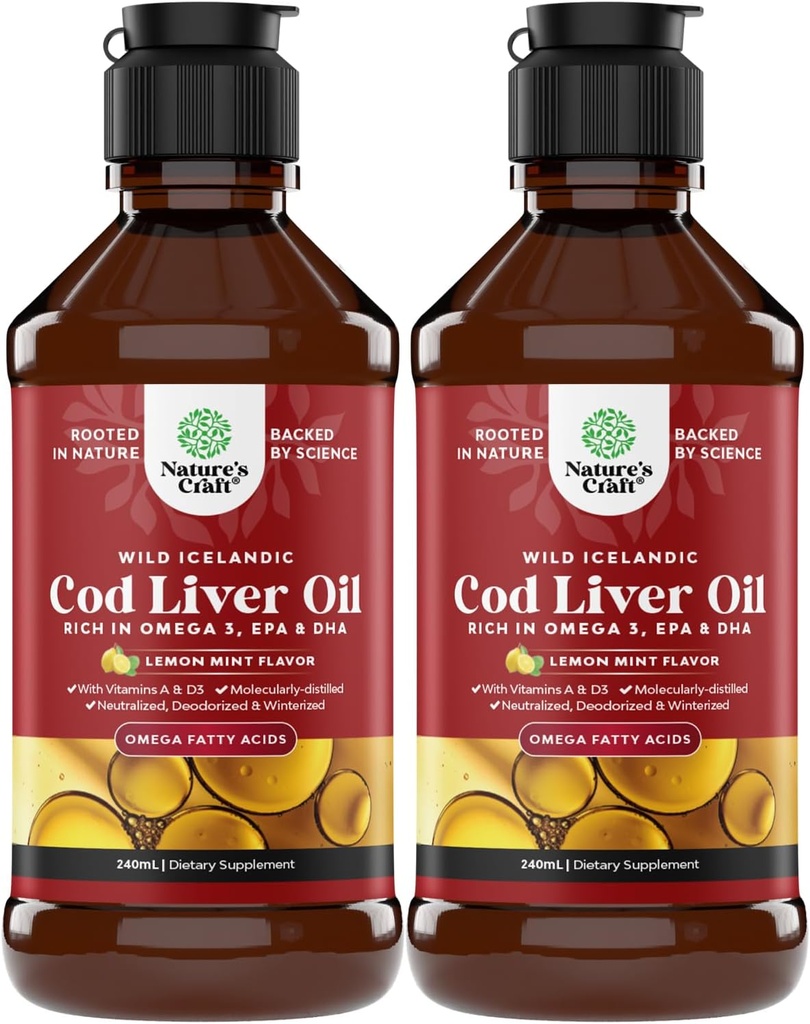 Icelandic Wild Caught Cod Liver Oil Liquid - Fish Oil Drops with Omega 3, EPA, DHA, Vitamin D & A - Liquid Cod Liver Supplement for Heart, Joint, Brain & Immune Support - 240 ml (8 Ounce) 2 Pack