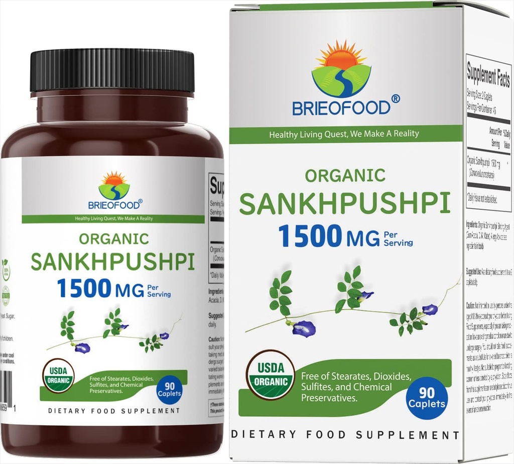Brieofood Organic Sankhpushpi 1500mg, 45 μερίδες, χορτοφαγικά, χωρίς γλουτένη, 90 χορτοφαγικά δισκία