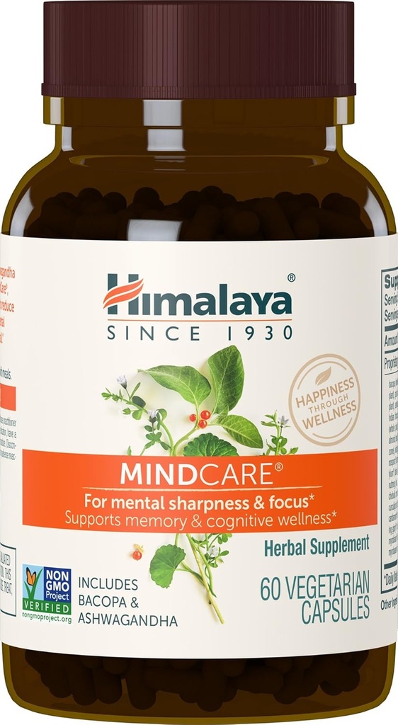Himalaya MindCare - Nootropic βοτανικά συμπληρώματα εγκεφάλου για την υποστήριξη μνήμης και εστίασης - Vegan, μη ΓΤΟ, Χωρίς γλουτένη, 1170 mg, 60 κάψουλες