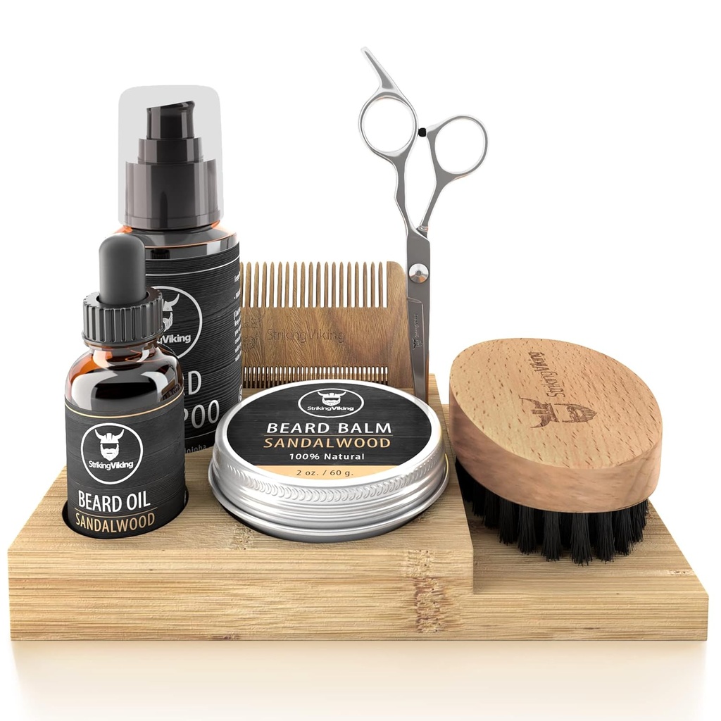 Striking Viking Beard Growth Kit - 7-Piece Set, Sandalwood Scent & Caddy - Oil & Balm με Beard Brush, Dual-Sided Comb & Ψαλίδι συν Mustache Comb για Grooming & Styling