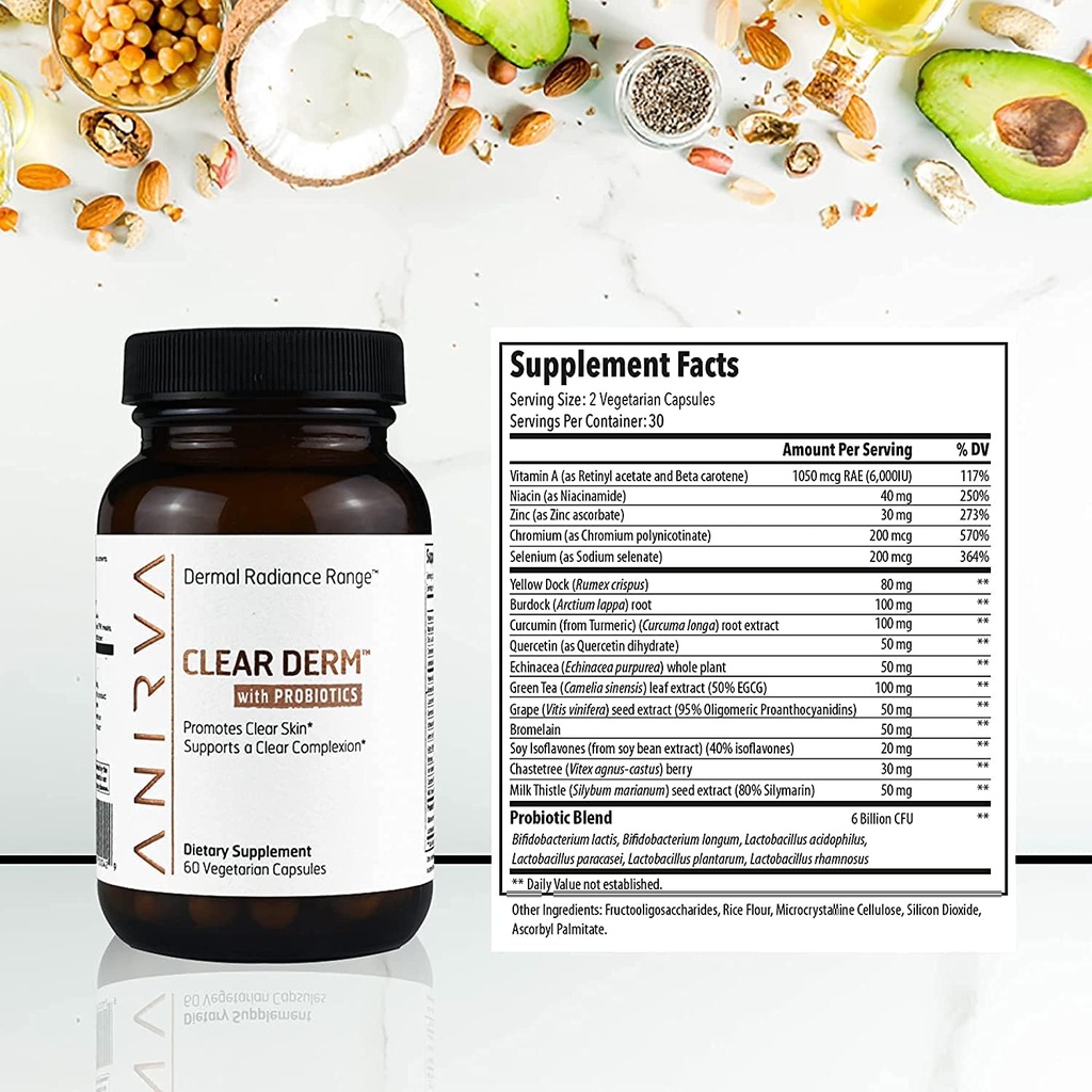 Διαυγές συμπλήρωμα δέρματος με ψευδάργυρο & προβιοτικά για ενήλικες – Υποστηρίζει ορμονική ακμή, Breakouts & Rosacea – χάπια ακμής για καθαρότερη σύνθεση – Anirva ClearDerm
