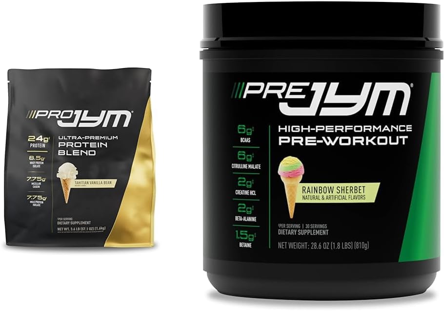 PRO JYM 45 Υπηρεσίες - Tahitian Vanilla Bean & Pre Jym Rainbow Sherbet, 30 Υπηρεσίες, Rainbow Sherbet, 1,8 Λίρες (πακέτο του 1)