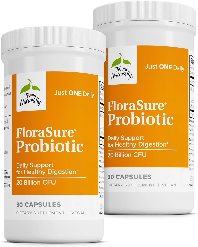 Terry Naturally FloraSure Probiotic - Digestion Supplement to Aid Against Occasional Bloating & Support Gas Relief - Gut Health Support with Bifidobacterium Bifidum - 30 Capsules (Pack of 2)