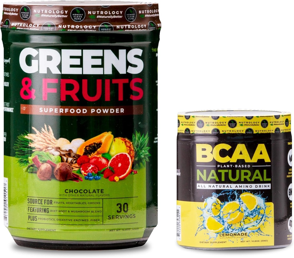 Nutrology Greens & Fruits Powder-Naturally Sourced Superfood, Chocolate (30 Servings) BCAA Natural, Plant Based BCAA Powder, Lemonade Flavor (30 Servings)