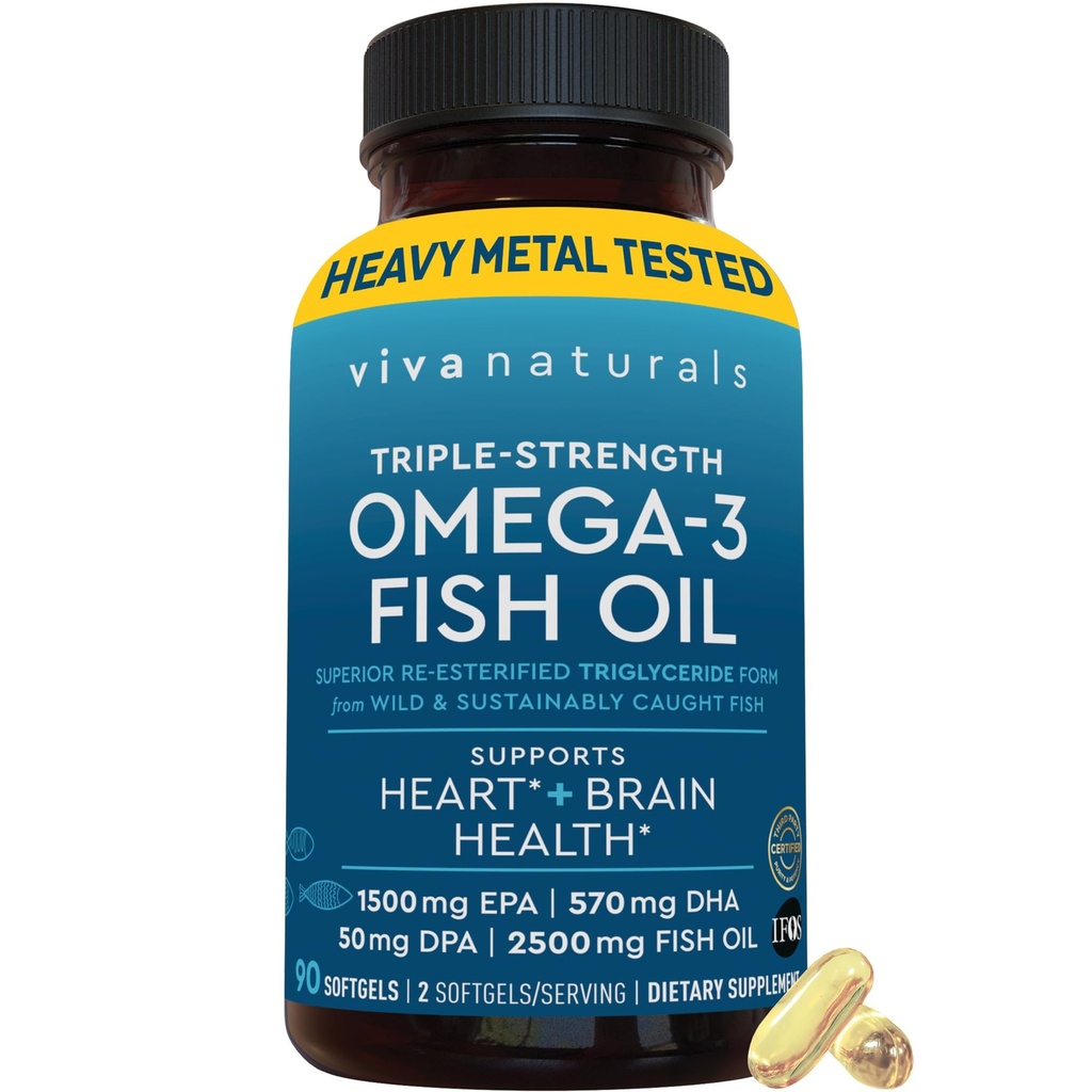 Viva Naturals Τριπλή Δύναμη Ωμέγα 3 Χάπια ιχθυελαίου – 2500 mg Φόρμουλα υψηλής ισχύος με 2250 mg Ωμέγα 3 Λιπαρά Οξέα (συμπεριλαμβανομένων EPA, DHA, DPA) σε μορφή rTG για απορρόφηση – IFOS Certified, 90 Softgels