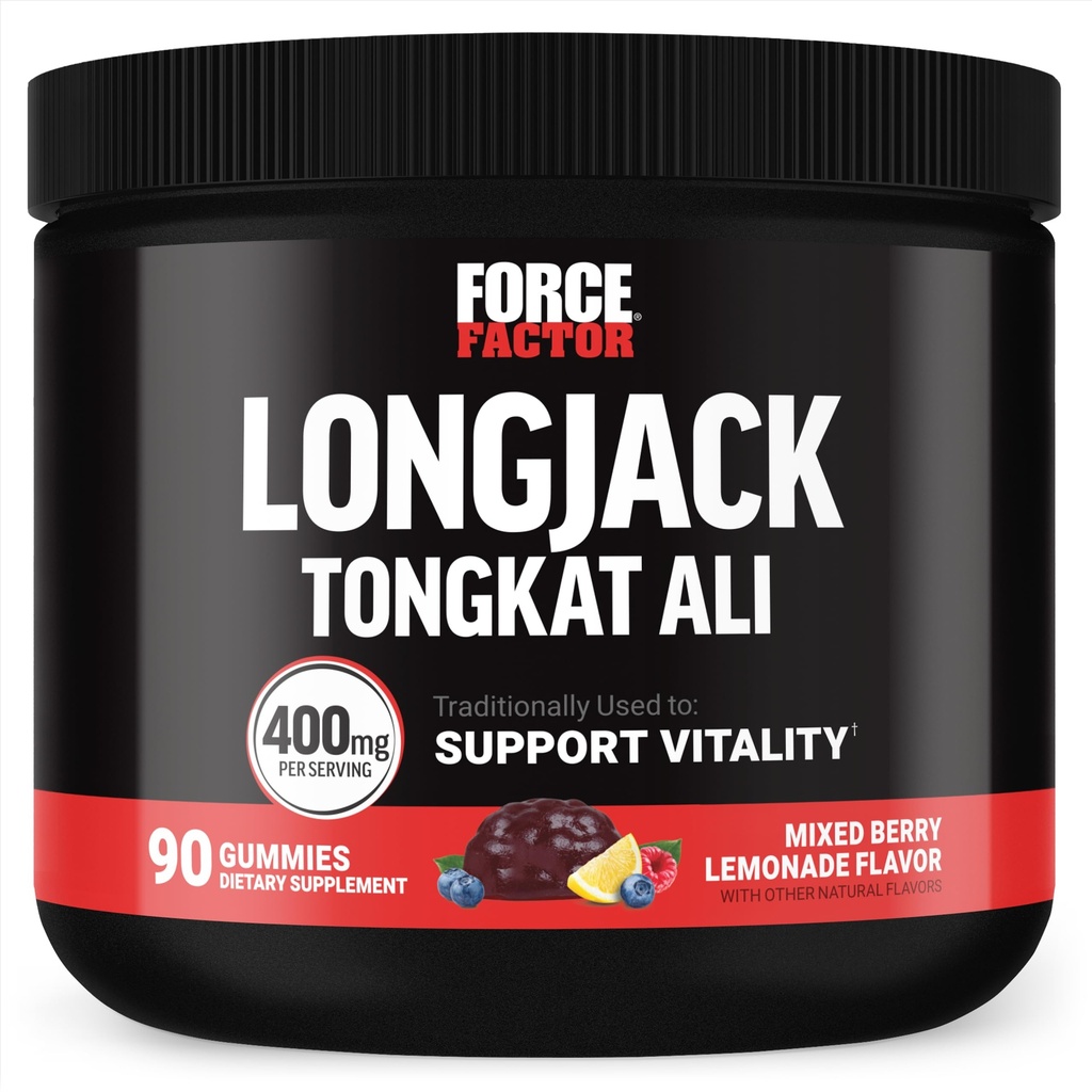 Force Factor Longjack Tongkat Ali Gummies, Tongkat Ali for Men to Support Male Vitality and Drive, 400mg Tongkat Ali with BioPerine, Mixed Berry Lemonade, 90 Gummies