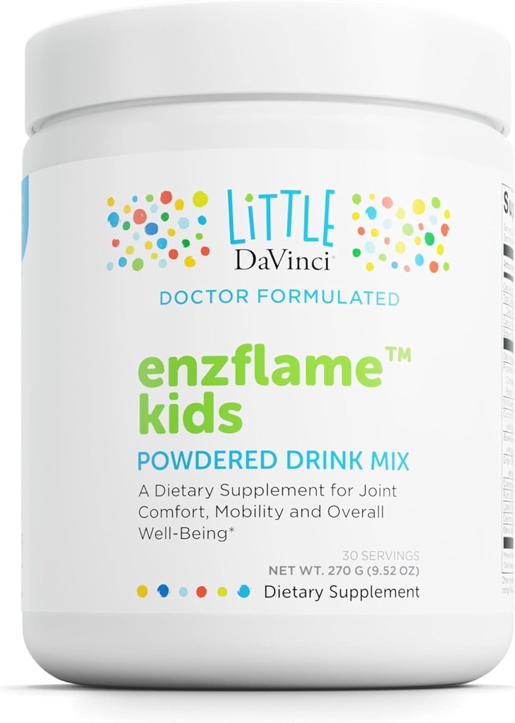 Little DaVinci Enzflame Kids - Powder Drink Mix συμπλήρωμα για την υποστήριξη μυών και κοινών άνεση, κινητικότητα και ανοσοποιητική υγεία* - Με ασβέστιο, νάτριο, ένζυμα, DMG, και More - Πορτοκαλί Γεύση - 30 Υπηρεσίες