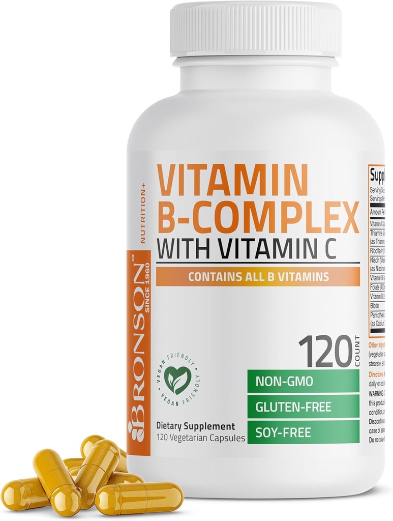 Bronson Vitamin B Complex με Βιταμίνη C - Ανοσοποιητική Υγεία, Ενεργειακή Υποστήριξη & Υποστήριξη Νευρικού Συστήματος - Μη ΓΤΟ, 120 κάψουλες χορτοφάγων