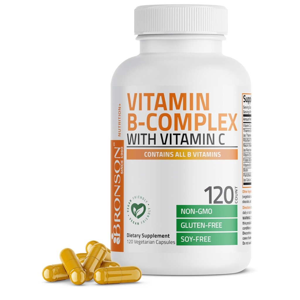 Bronson Vitamin B Complex με Βιταμίνη C - Ανοσοποιητική Υγεία, Ενεργειακή Υποστήριξη & Υποστήριξη Νευρικού Συστήματος - Μη ΓΤΟ, 120 κάψουλες χορτοφάγων
