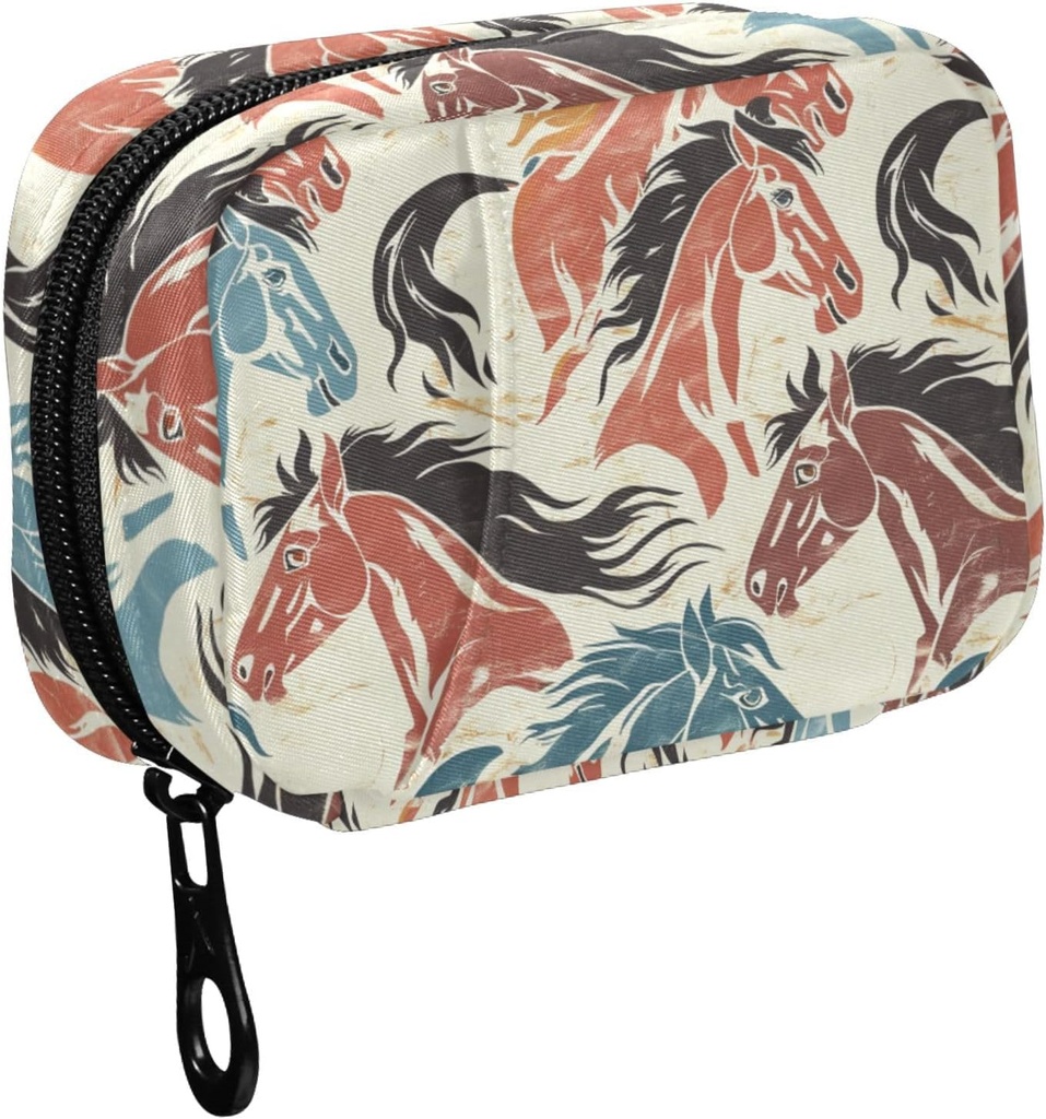 Fustylead Χέρι Σχεδίαση Retro Πολύχρωμοι Horse Heads Hill Organizer για την τσάντα, Weekly Portable Pill Box με Zipper για την αποθήκευση Βιταμίνες Fish Oils Συμπληρώματα