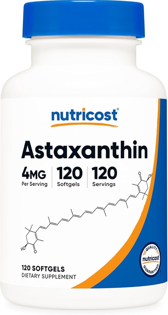 Nutricost Ασταξανθίνη 4mg, Χωρίς γλουτένη και μη ΓΤΟ, 120 Softgels (4 Μήνας Προμήθεια)