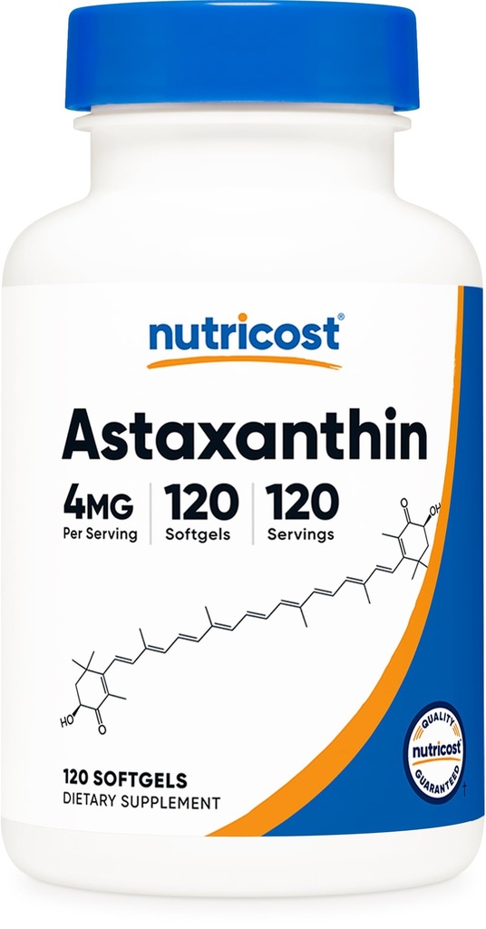 Nutricost Ασταξανθίνη 4mg, Χωρίς γλουτένη και μη ΓΤΟ, 120 Softgels (4 Μήνας Προμήθεια)
