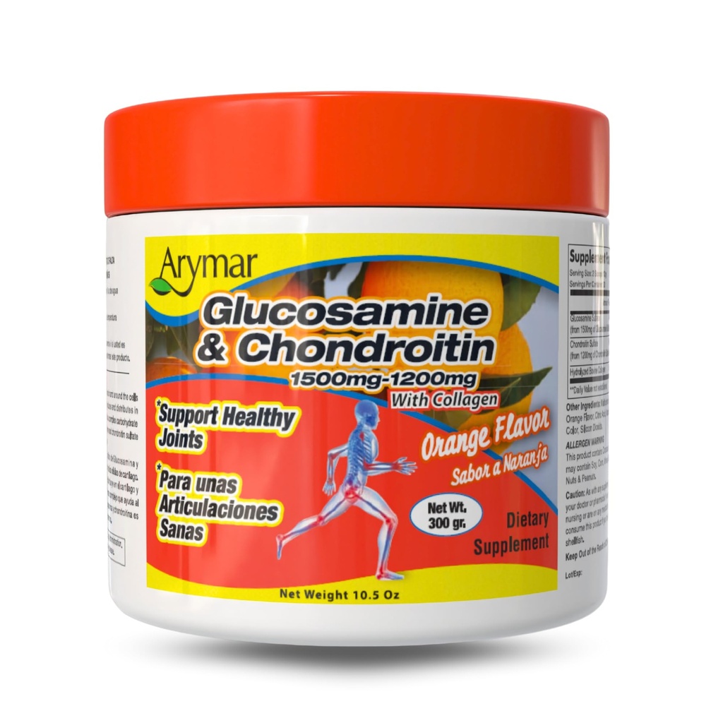 Arymar Glucosamine 1500 mg + Chondroitin 1200 mg με Collagen – Orange- Flavored Joint Health Powder, 300 g