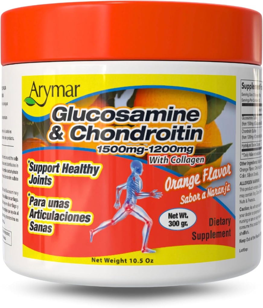 Arymar Glucosamine 1500 mg + Chondroitin 1200 mg με Collagen – Orange- Flavored Joint Health Powder, 300 g