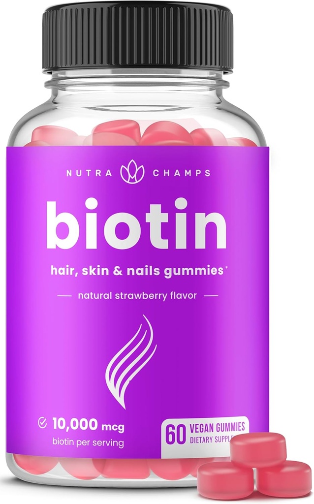 NutraChamps Biotin Gummies 10000mcg [High Potency] για υγιή μαλλιά, δέρμα & νύχια Βιταμίνες για γυναίκες, άνδρες & παιδιά - 5000mcg σε κάθε βιταμίνη μαλλιών Gummy - Vegan, μη-GMO, συμπλήρωμα υγείας μαλλιών