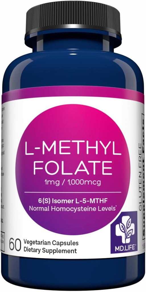 MD Life L Methylfolate 1mg - Επαγγελματικό-Γκραδο-Active Methylfolate Συμπλήρωμα - Μέγιστη ισχύς MTHFR Συμπληρώματα - L μεθυλοφολικό 1mg 60 Καψάκια - Απαραίτητα Αμινοξέα