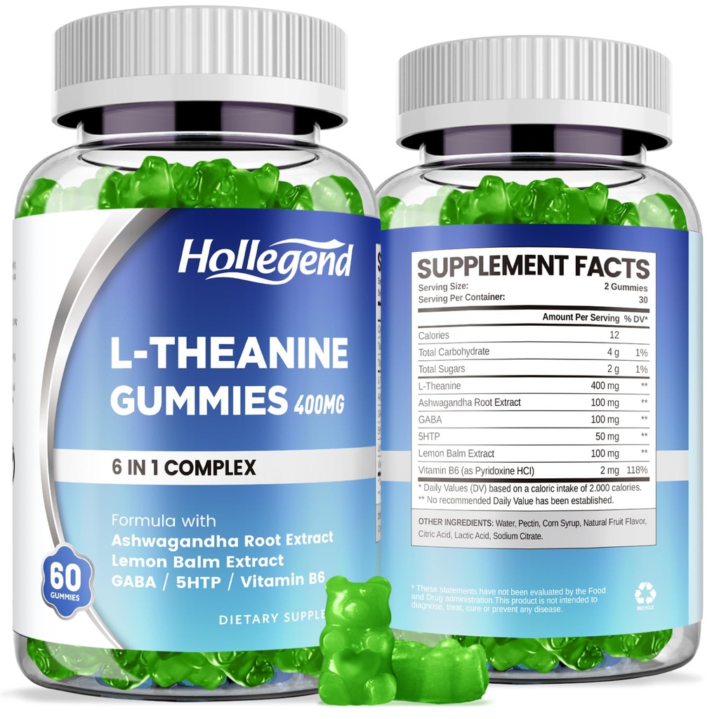 L-Theanine Gummies, l'theanine 400mg με Ashwagandha, GABA, 5HTP, L-theanine Chewable Supplement for Relax, Zzz & Focus Support, Vegan, Lemon Γεύση, 120 Counts