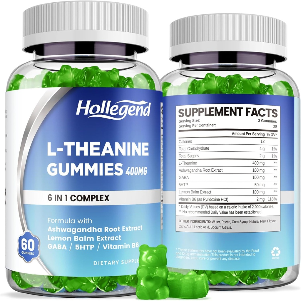 L-Theanine Gummies, l'theanine 400mg με Ashwagandha, GABA, 5HTP, L-theanine Chewable Supplement for Relax, Zzz & Focus Support, Vegan, Lemon Γεύση, 120 Counts