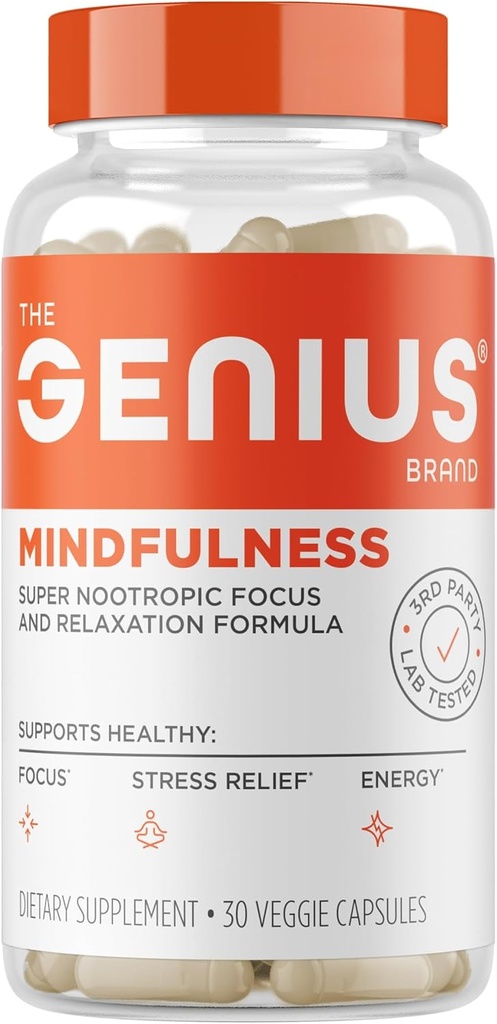The Genius Brand Genius Mindfulness - Brain Health Supplement - Υποστηρίζει υγιή mindsets - Ηρεμία, ενέργεια, μνήμη & Focus Υποστήριξη - Ashwagandha, NeuroFactor & More - 30 χάπια Veggie