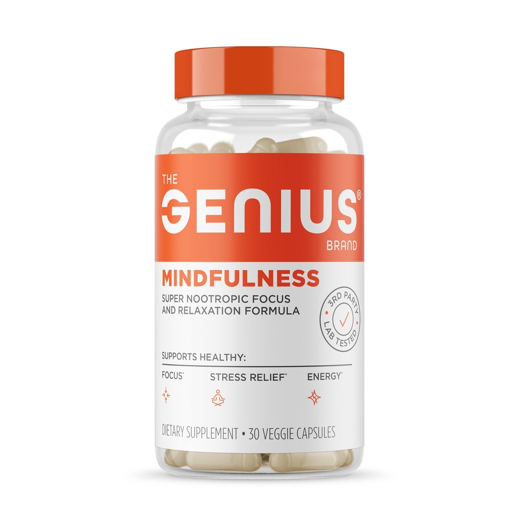 The Genius Brand Genius Mindfulness - Brain Health Supplement - Υποστηρίζει υγιή mindsets - Ηρεμία, ενέργεια, μνήμη & Focus Υποστήριξη - Ashwagandha, NeuroFactor & More - 30 χάπια Veggie