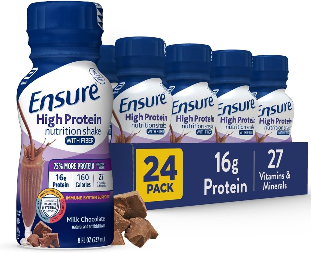 Ensure High Protein Milk Chocolate Nutrition Shake with Fiber, Ready to Drink, 16g Protein and 27 Vitamins and Minerals, 8 fl oz, 24 Pack