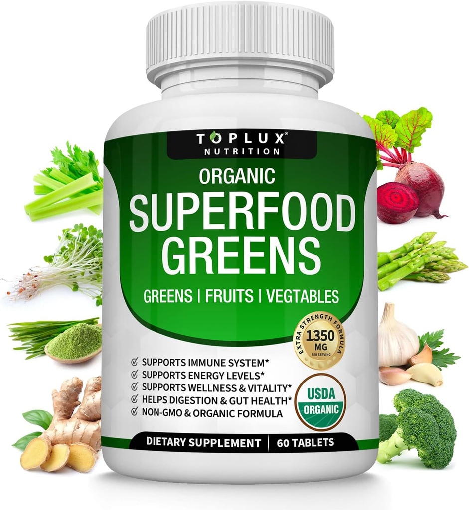 Βιολογικά Σούπερ Πράσινα Καψάκια Superfood Fruit Veggie συμπλήρωμα - 28 Ισχυρά φυσικά συστατικά με Alfalfa, Beet Root, Ταρτ Cherry & Ginger για την υποστήριξη του ανοσοποιητικού και της ενέργειας, για άνδρες γυναίκες, 60 δισκία