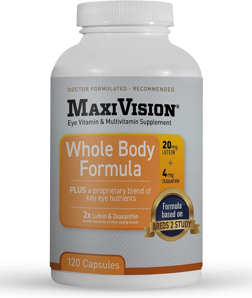 MaxiVision® AREDS 2 Whole Body Formula - AREDS 2 Eye Vitamins w/Lutein and Zeaxanthin - for Macular Support - Eye Supplements for Eye Strain - 120 Capsules Count, 1 Bottle