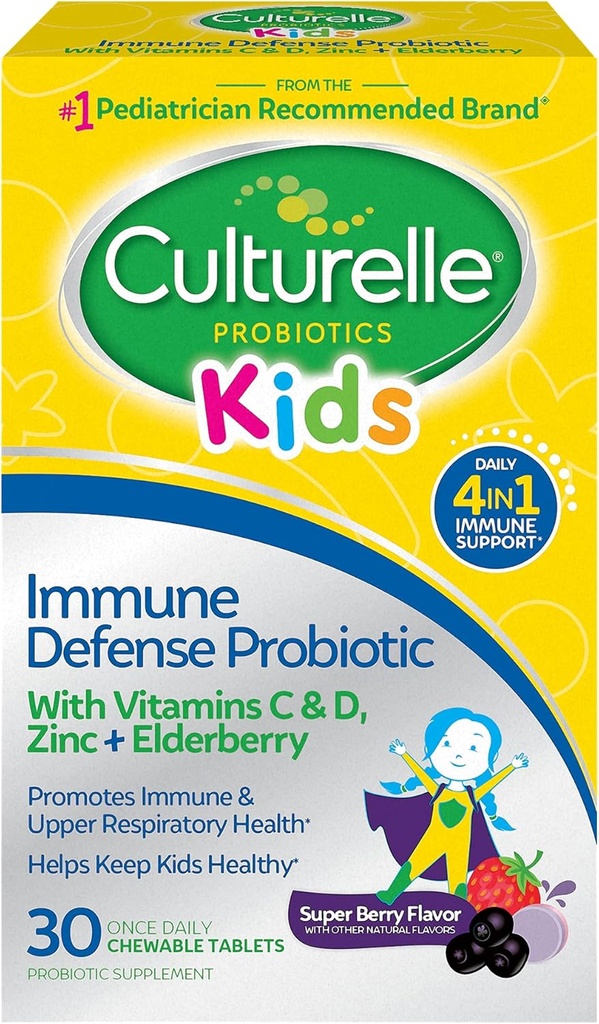 Culturelle Immune Defense Probiotic with Vitamin C, Vitamin D and Zinc + Elderberry, Non-GMO, 4-in-1 Immune Support for Kids Ages 3+*, Mixed Berry Chewables, 30 Count