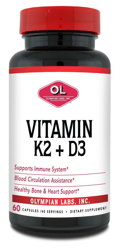 Olympian Labs Βιταμίνη K2 + D3, 60 Μερίδες, Υποστηρίζει το ανοσοποιητικό σύστημα, την υποστήριξη οστών και καρδιάς, 60 κάψουλες Vegan