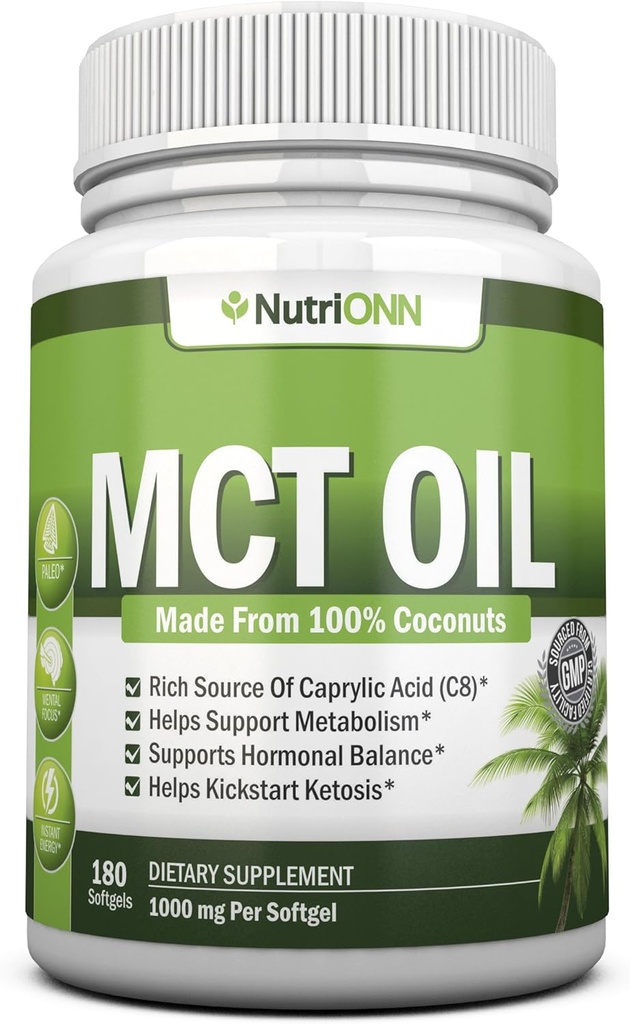 MCT Oil - 3000mg ανά Σερβίρισμα - 180 Softgels - Κατασκευασμένο από 100% Βιολογικές Καρύδες - Μη ΓΤΟ, Ψυχρό Πιέζεται, Παλαιοφιλικές κάψουλες - Μεγάλη για Εστίαση & Υγεία των Ούλων