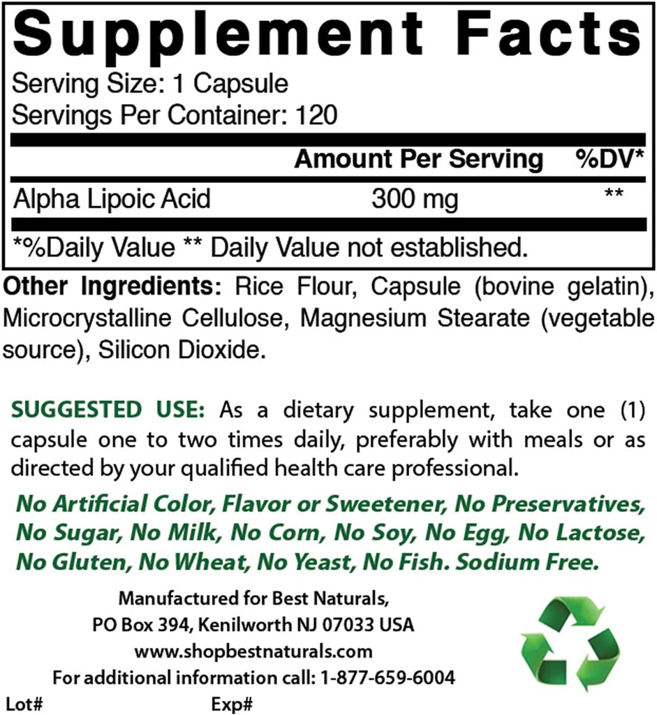 Best Natural Alpha Lipoic Acid 300 mg & Γλυκινικό μαγνήσιο 425 mg