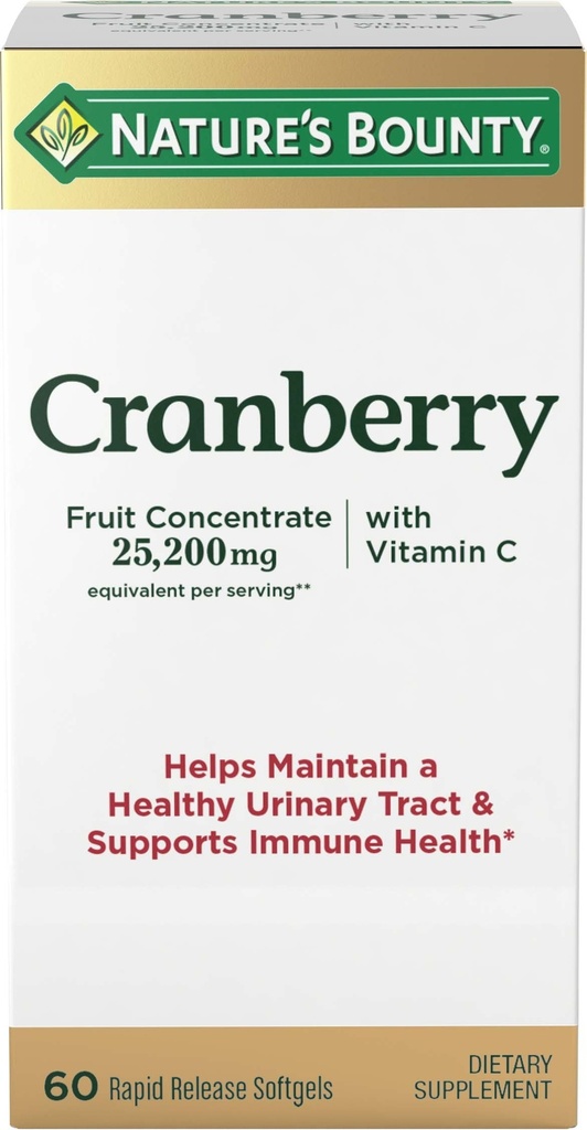 Nature's Bounty Cranberry Dietary Supplement, υποστηρίζει την ουρική και ανοσοποιητική υγεία, Softgels, 25.200 Mg, 60 Ct