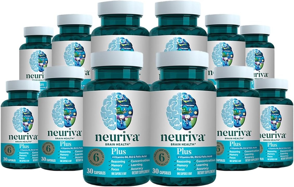 NEURIVA Plus Συμπλήρωμα εγκεφάλου για μνήμη, εστίαση & συγκέντρωση + Γνωστική λειτουργία με κλινικά ελεγχόμενη Nootropics Phosphatidylserine και νευροπαράγοντας, VIT B6 & B12, 30 κάψουλες κόμη (12 συσκευασία)