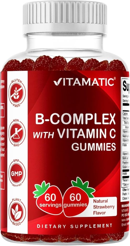 Vitamatic Vitamin B Complex Gummies with Vitamin C & Inositol - Φυσικό άρωμα φράουλας - 60 Gummies (1 μπουκάλι)