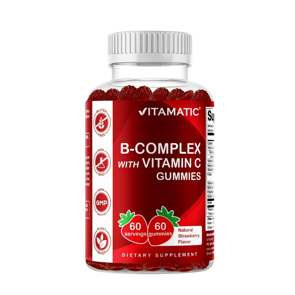 Vitamatic Vitamin B Complex Gummies with Vitamin C & Inositol - Φυσικό άρωμα φράουλας - 60 Gummies (1 μπουκάλι)
