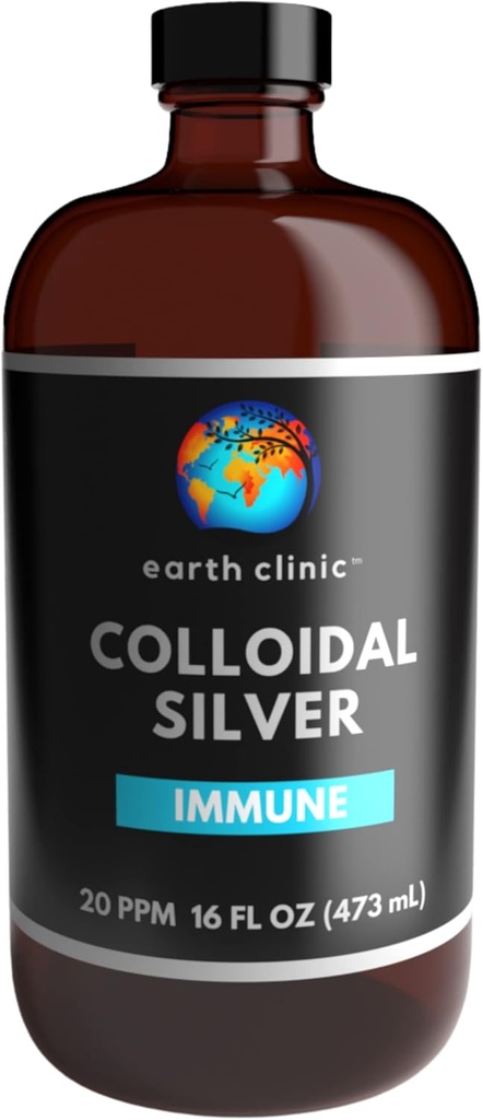 Earth Clinic ® Colloyal Silver 20 PPM, 16oz (473mL), Μεγάλο Άμπερ Γυάλινο Μπουκάλι - Ανοσοποιητική Υποστήριξη